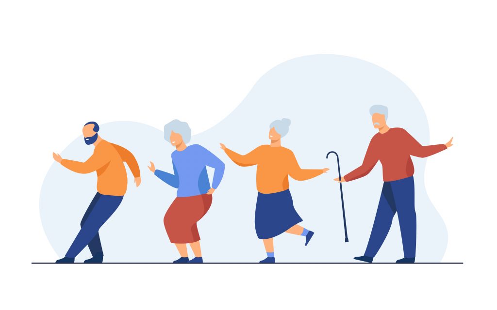 Happy senior people dancing at party. Cartoon grey haired old men and women enjoying music in club, having fun . Vector illustration for age, hobby, joy, retirement concept